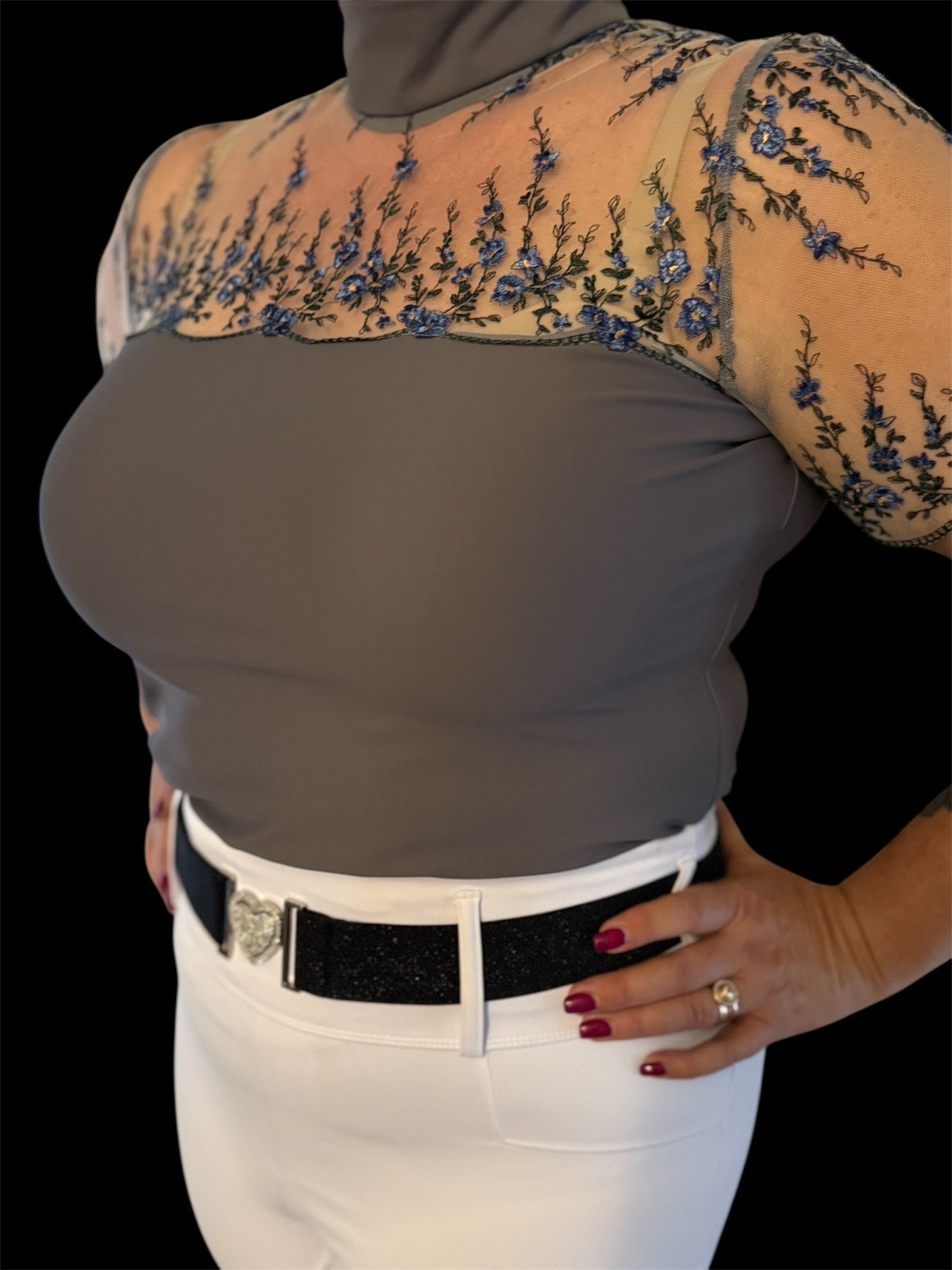 AUSTRALIAN MADE Grey or NAVY BLUE short sleeve floral lace equestrian shirt with lace chest … The CALLIE. Made to order